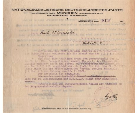 HITLER ADOLF: (1889-1945) Fuhrer of the Third Reich 1933-45. A scarce, early T.L.S., A Hitler, two pages, oblong 4to, Munich,