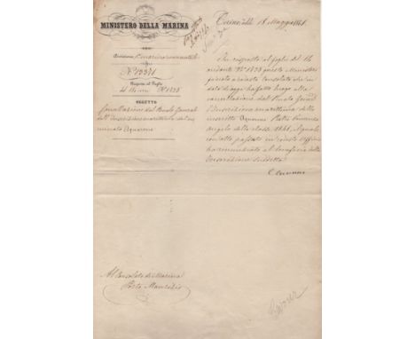 CAVOUR COUNT OF: (1810-1861) Camillo Benso. First Prime Minister of Italy March-June 1861. D.S., C. Cavour, one page, folio, 