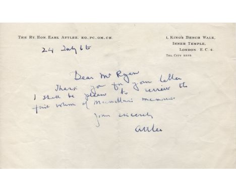 POLITICS: Small selection of A.Ls.S. by various British Politicians, all to Alfred Ryan, comprising Clement Attlee (in part, 