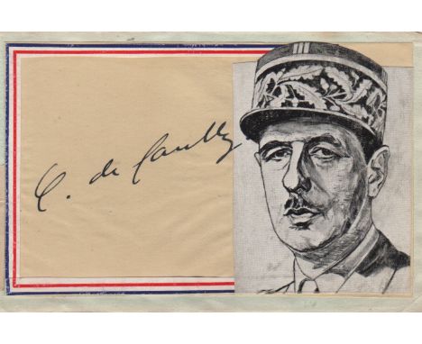DE GAULLE CHARLES: (1890-1970) French General of World War II. Dark fountain pen ink signature ('C. de Gaulle') on a slip of 