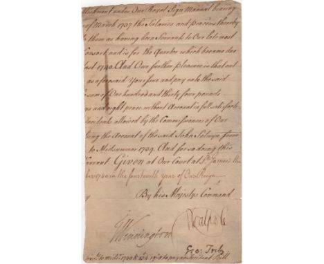 WALPOLE ROBERT: (1676-1745) British Prime Minister 1721-42. Ink signature ('R Walpole') on an 8vo portion removed from a docu