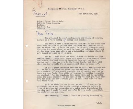 FLEMING IAN: (1908-1964) British Author, creator of the secret agent James Bond. T.L.S., Ian Fleming, with holograph salutati
