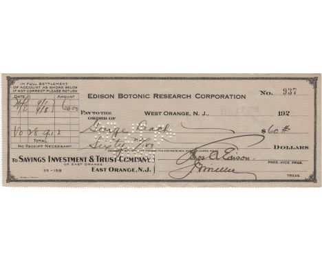 EDISON THOMAS: (1847-1931) American Inventor of the phonograph and light bulb among many other items. D.S., Thos A Edison, (a