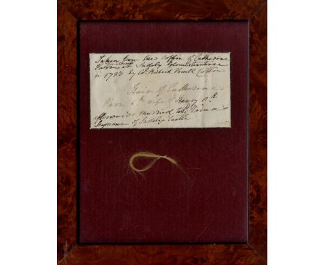 [PARR CATHERINE]: (1512-1548) Queen of England and of Ireland 1543-47, the last of the six wives of King Henry VIII. A lock o