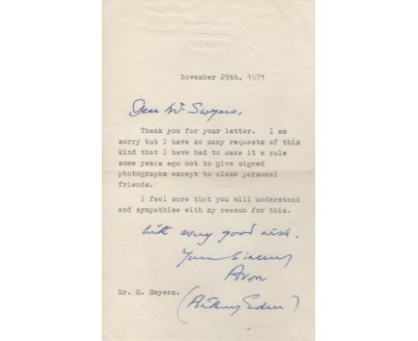 EDEN ANTHONY: (1897-1977) British Prime Minister 1955-57. T.L.S., Avon (Anthony Eden), with holograph salutation and subscrip