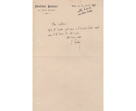 PASTEUR LOUIS: (1822-1895) French Chemist & Microbiologist. Brief A.L.S., L. Pasteur, one page, 8vo, Paris, 20th April 1893, 
