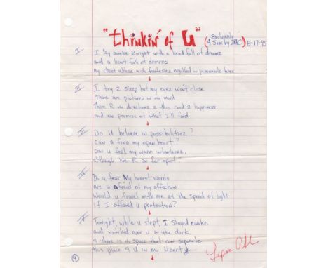 SHAKUR TUPAC: (1971-1996) American Rapper and Actor. An extremely rare autograph poem signed, Tupac A Shakur, one page, 4to, 
