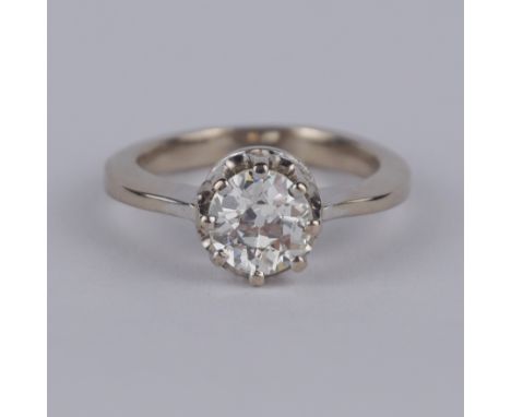 Solitaire-Ring, Altschliffbrillant, ca.1,35ct, 585er Weißgold, Rolf Trimborn, Magdeburg, mit Expertise, Gew.6g Chatonfassung,