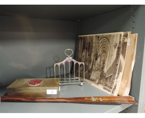 An Arts and crafts design toast rack and enamel topped box etc