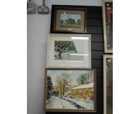 Three pictures, an oil Low Road, Cark by R K Todd, a watercolour Cartmel Priory by C T Gaskarth and a water colour Cartmel Pr
