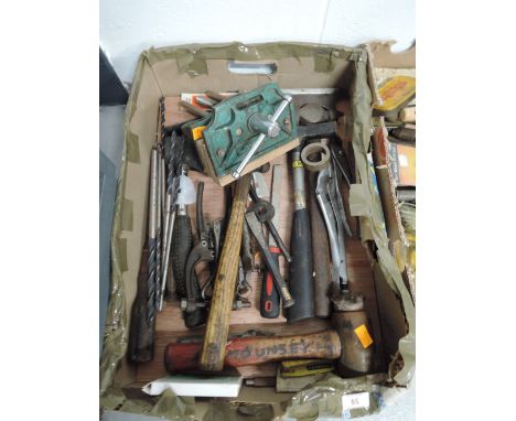 A selection of vintage garage and DIY tools including hatchet vice etc