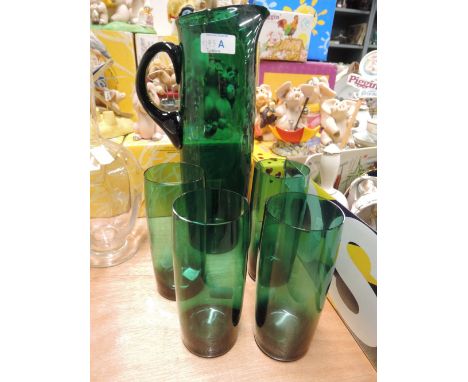 A vintage jade green jug pitcher and glass set