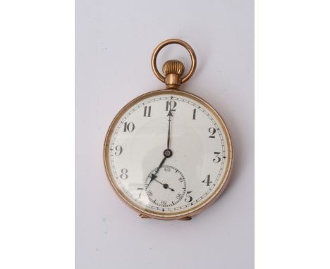 A 9ct gold cased open face button wind pocket watch enamel dial with second subsidiary dial.