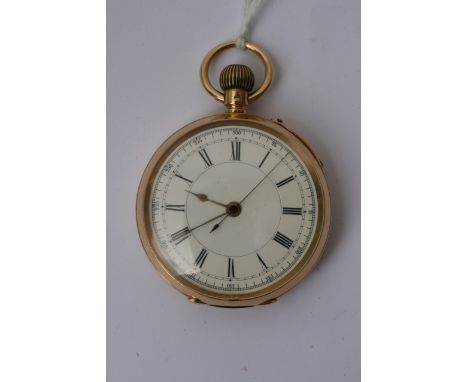 An 18ct gold open face pocket watch with stop watch feature, button wind circa 1890 serial number 62642. reverse with persona