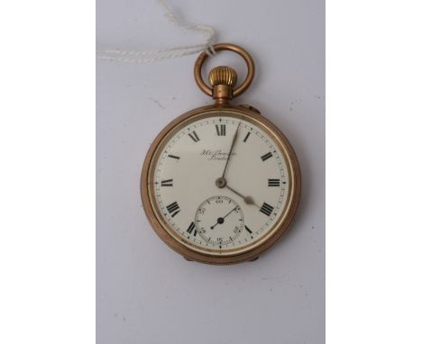 A 9ct button wind JW Benson pocket watch, The enamel dial with Roman numerals