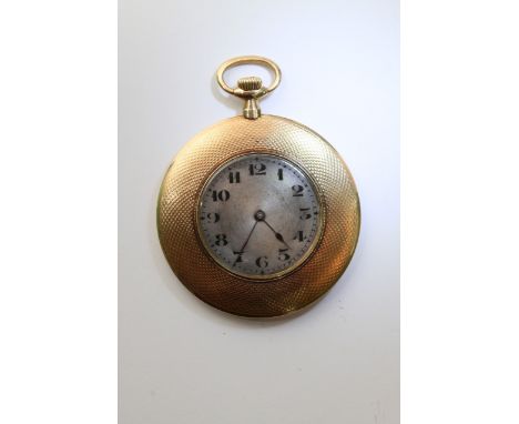 A 9ct gold button wind Swiss pocket watch with a wide band gold case.