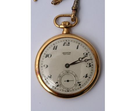 A Movado 18ct gold button wind pocket watch with attached 18ct gold chain.