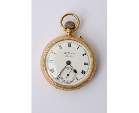 An 18ct gold open faced ornate Benson fob watch with an enamel dial and second subsidiary dial circa 1910, serial number 9162