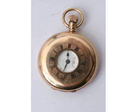 A 9ct gold JW Benson half hunter, button wind pocket watch. Serial No 402423, hallmarks for 1927, weight 96g working order.