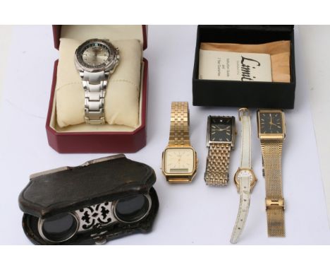 A boxed Geneva gents quartz watch, a digital Casio quartz gold tone and other pre owned watches plus a vintage pair of foldin