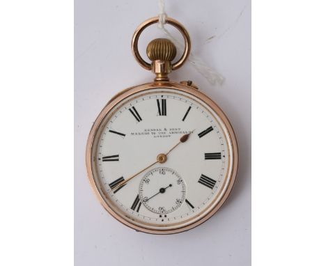 A kennel & Dent 9ct gold open face button wind pocket watch, the white enamel dial with second subsidiary dial, hallmarks for