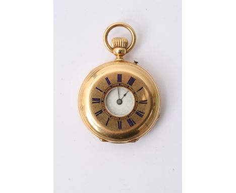 An 18ct gold half hunter button wind fob watch the outer edge of the case with blue enamel numerals maker J Joyce of London s