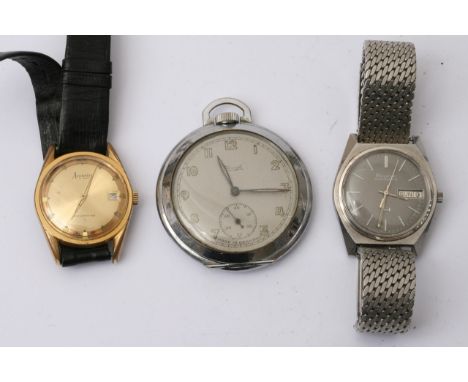 A vintage Bulova day/ date Accuquartz watch and an Accurist and a German Kienzle, button wind pocket watch.