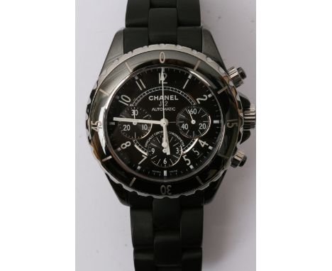 A quality Gents Chanel J-12 automatic Chronograph wristwatch with black ceramic strap to match the black face and bezel in or