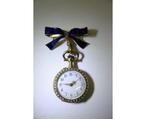 An 18ct gold blue enamel fob watch on a blue enamel diamond set bow with pearls and with diamonds to anchor on reverse.