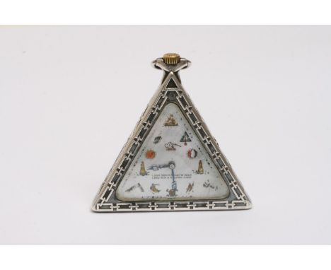 A silver Masonic watch of triangle shape, having enamel dial showing Masonic motifs and bearing the motto 'Love your fellow m