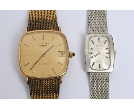 A gent's vintage Longines watch on woven strap and a lady's Tissot Stylist also with woven strap