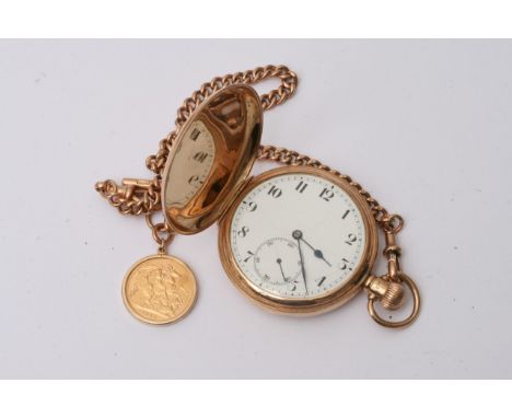 A 9ct gold half hunter pocket watch with attached chain and sovereign