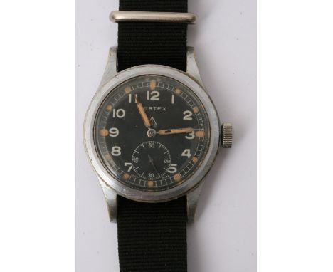 A genuine Vertex Military watch the black dial with eliminated hands and spot numerals fitted with a 15jewel Vertex movement,