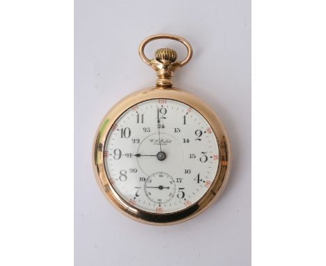 A Gents open faced pocket watch maker Illinois watch company, cirica 1906, the button wind gold plated watch with 24hour dial