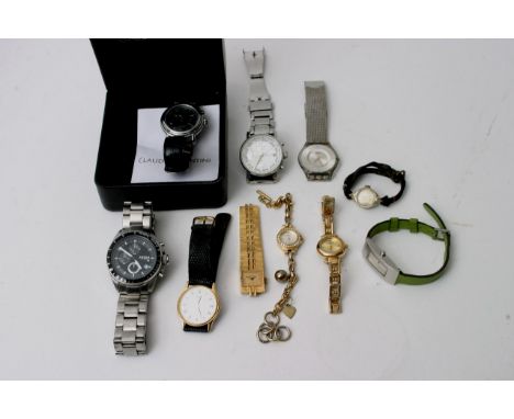 A bag containing various designer watches including a Claude Valentini series 3000, A Gents Fossil 10ATM. DKNY Swatch and oth
