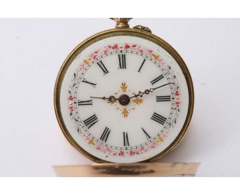 A lady's 14ct gold fob watch button wind with a decorative enamel dial with a patterned floral pink edge, early 20th century 