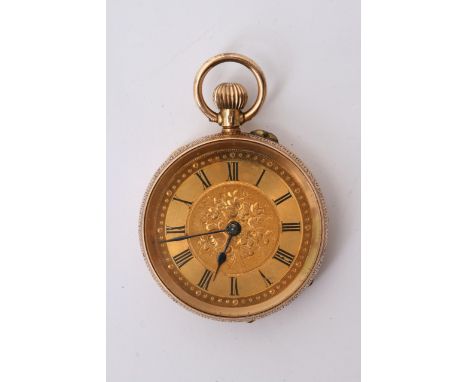 A 14ct gold ornate button wind pocket watch, the inner case with an inscription, working order