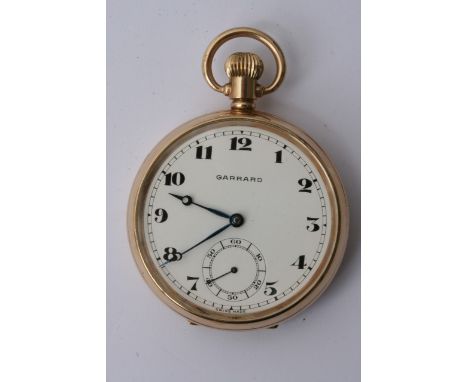 A 9ct gold Garrard pocket watch open face, button wind, the back plate with personal inscription, serial number 710258. Worki