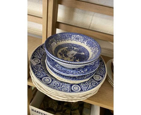 Collection of various blue and white plates to include Spode