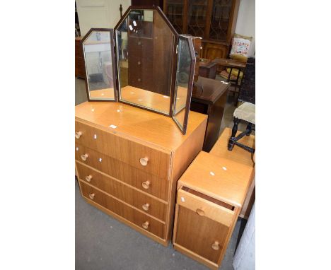 Mid Century light oak and walnut veneered chest, probably Merridew together with a similar bedside cabinet and a triple dress