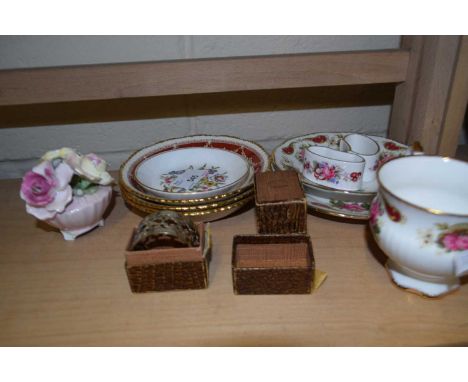 Mixed Lot: Royal Worcester pin tray, saucers, EPNS napkin rings etc