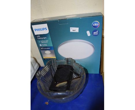 Philips LED ceiling light together with two glass dishes and other items