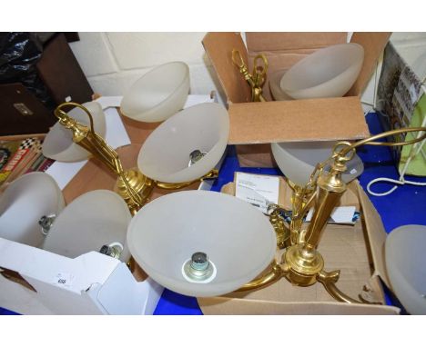 Five branch brass effect and frosted glass ceiling light together with a three branch ceiling light and a pair of matching wa