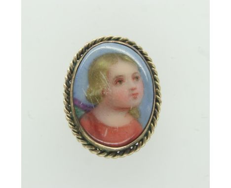 Tartan ware papier mache box containing a stud or buttonhole with enamel image of a child, H: 15 mm. UK P&amp;P Group 1 (£16+
