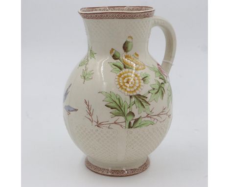 Large Victorian water jug with lozenge water mark, featuring birds and fish, H: 30cm. No cracks or chips, some paint marks. U
