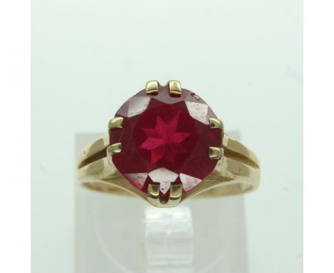 Yellow gold ruby set solitaire ring, unmarked, size L, 3.4g. UK P&amp;P Group 0 (£6+VAT for the first lot and £1+VAT for subs