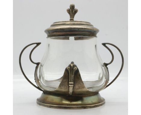 Hallmarked silver mounted glass preserve pot, Chester assay, maker J&amp;C, H: 12 cm. Glass has no cracks or chips and can be