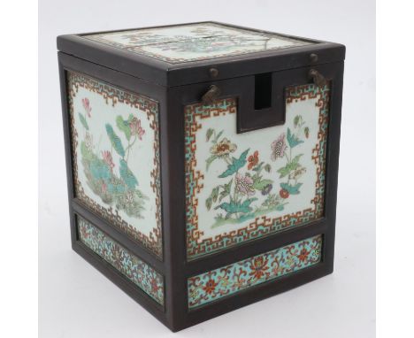 Oriental metal bound tiled box with wooden interior, top tile cracked, 16 x 16 x 20 cm. Crack across lid and underneath, one 