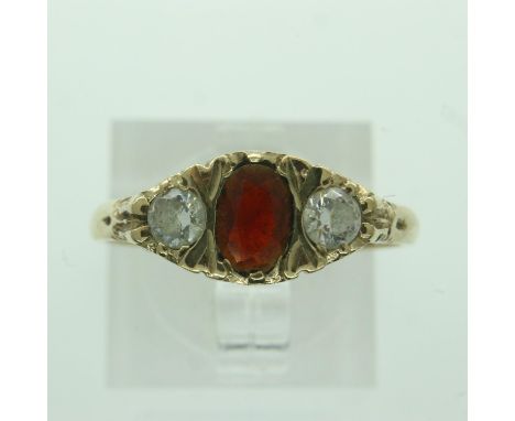 9ct gold trilogy ring set with garnet and cubic zirconia, size Q, 3.0g. UK P&amp;P Group 0 (£6+VAT for the first lot and £1+V