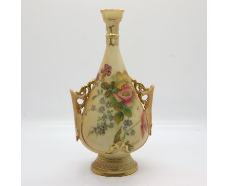 Royal Worcester blush ivory twin handled bud vase, H: 17 cm, no chips or cracks. UK P&amp;P Group 2 (£20+VAT for the first lo